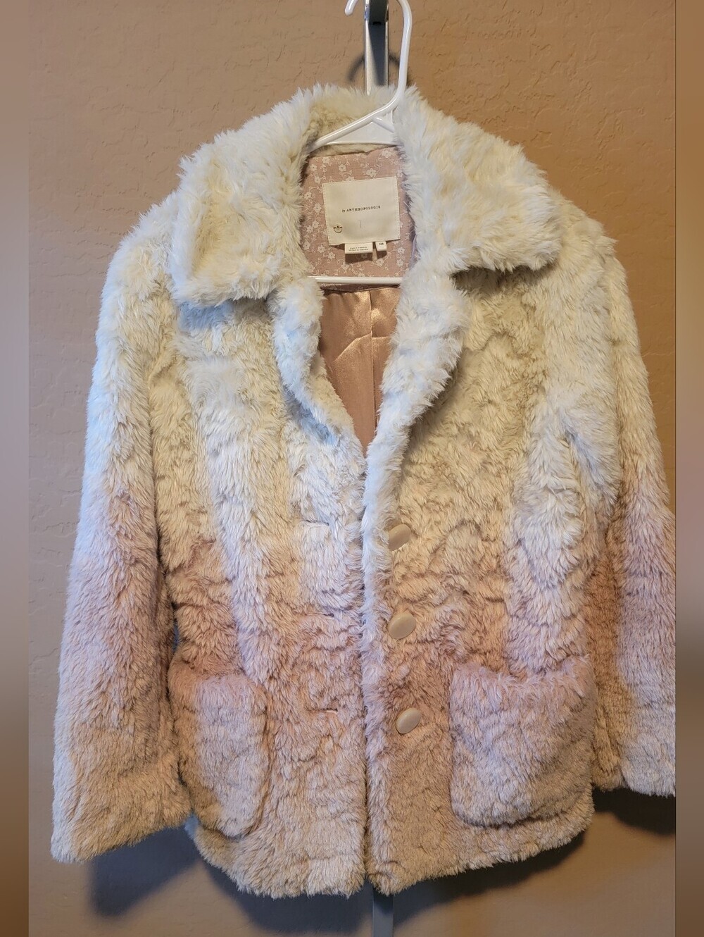 Anthropologie Cream and Blush Ombre Faux Fur Teddy Jacket